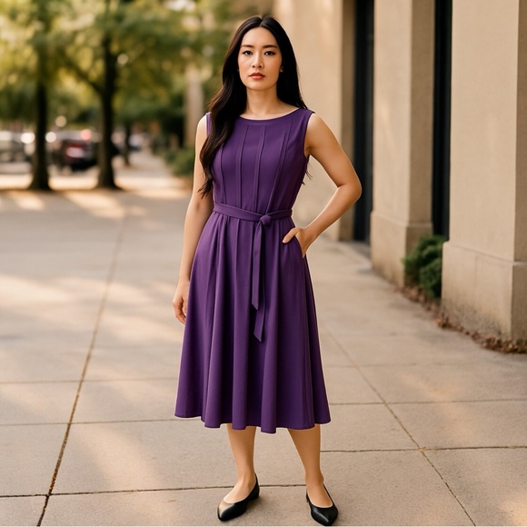 Vior Vior Women's Plum Purple Sleeveless Belted Midi Dress - Size 14 - Picture 1 of 9